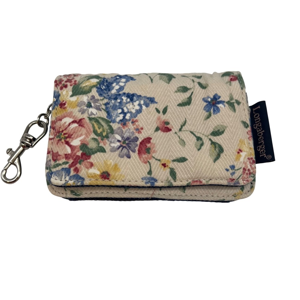 VTG Longaberger Spring Floral Fabric Keychain ID Wallet Cream Denim Snap Retro